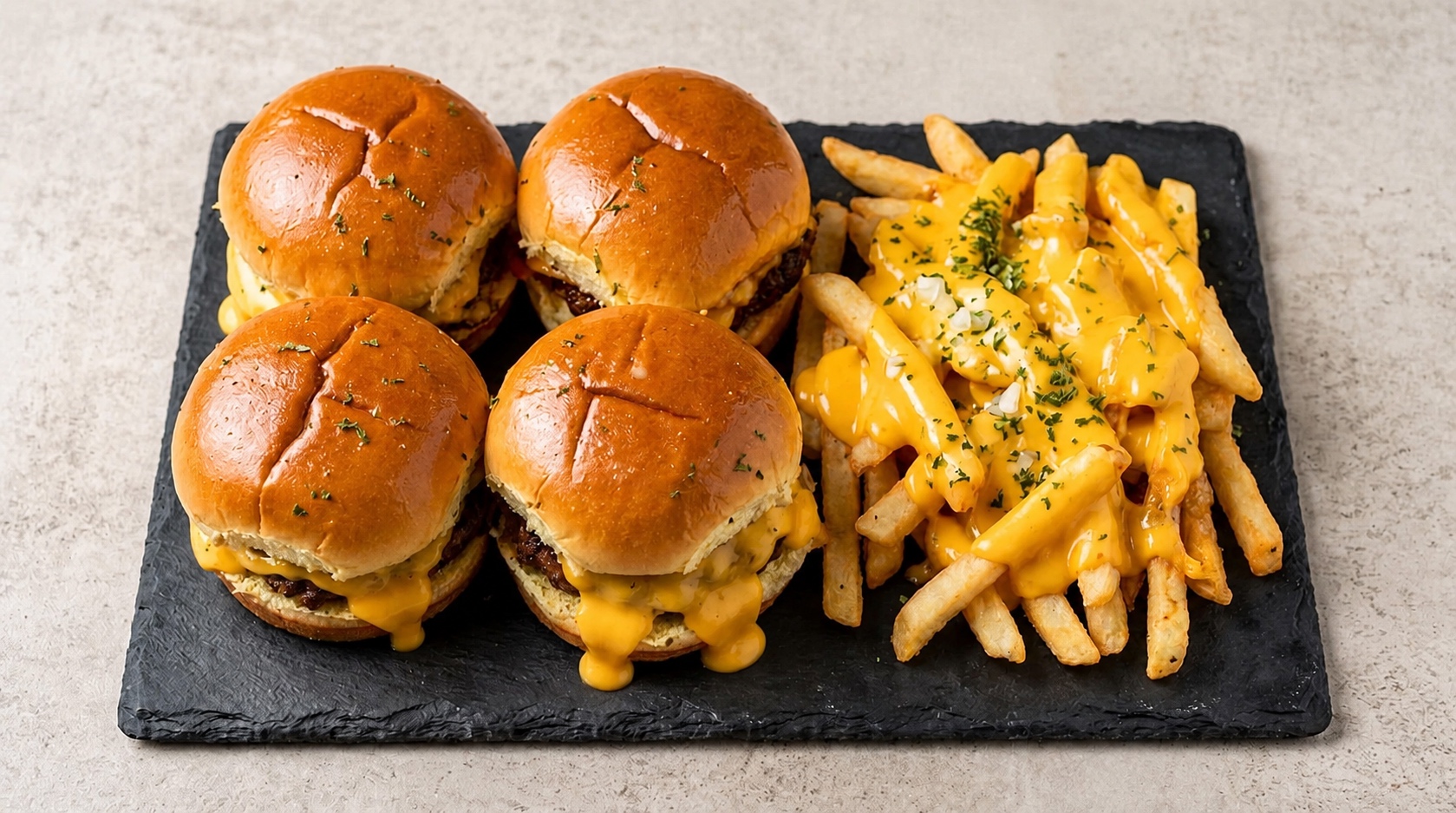Cheeseburger sliders with cheese-loaded fries
