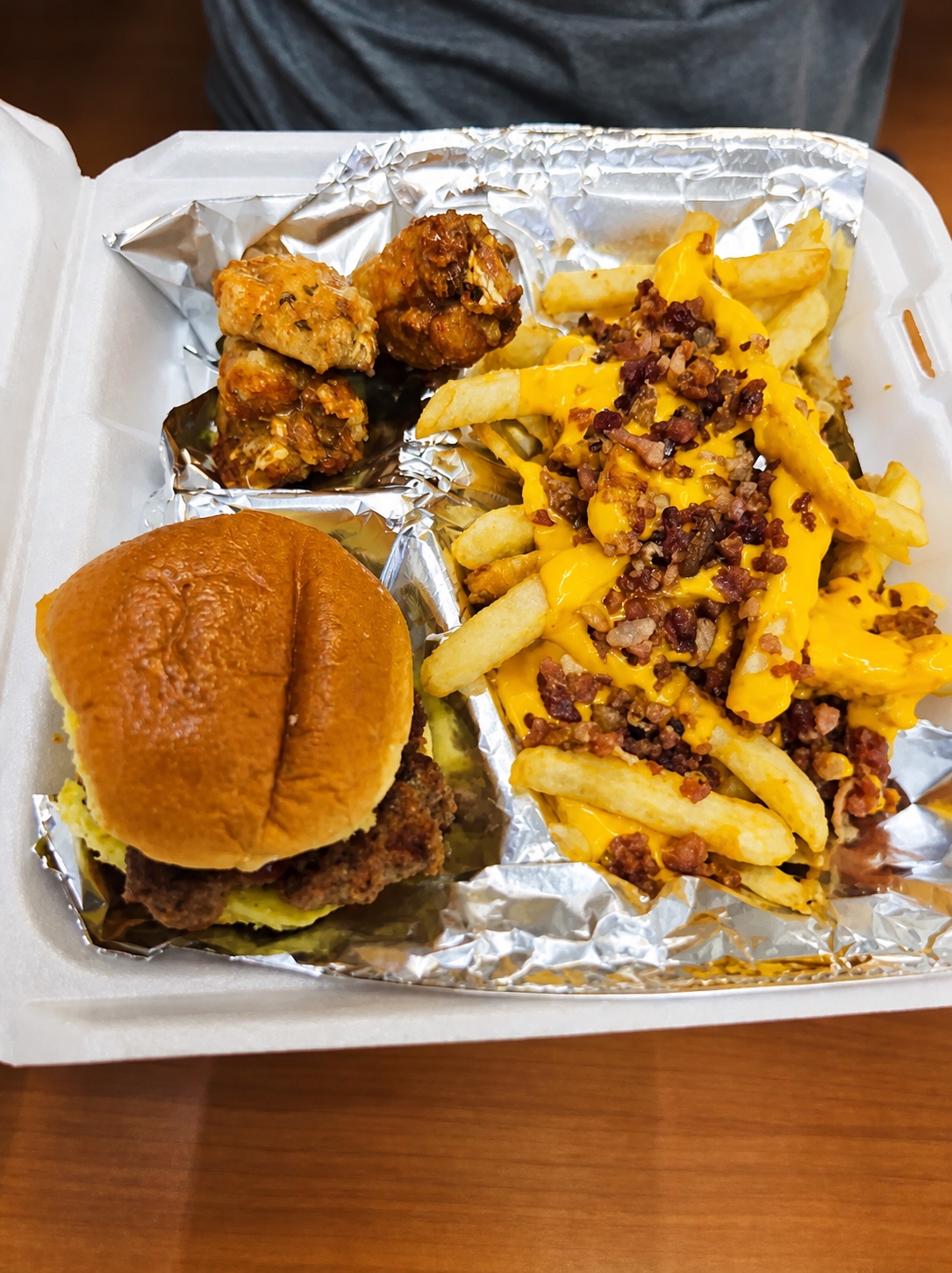 Burger slider, wings and bacon cheese loaded fries