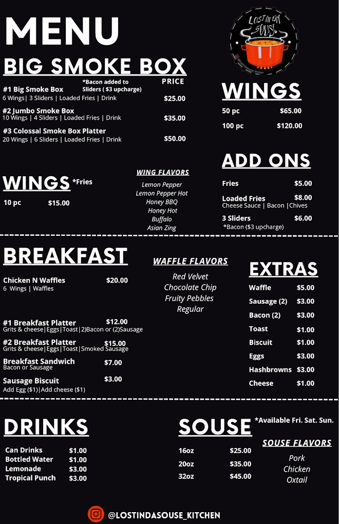 Lost In Da Souse Kitchen printed menu